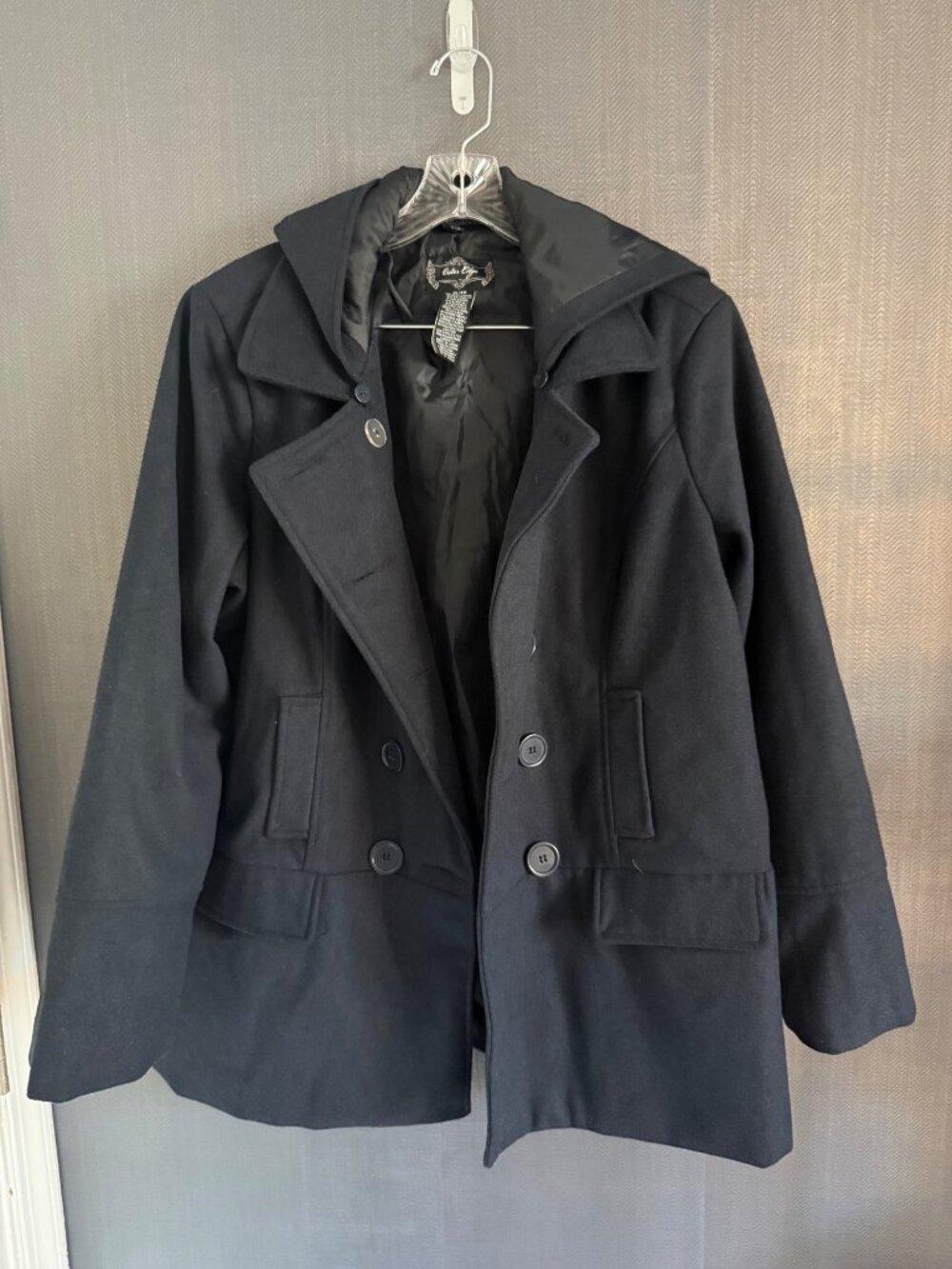 Outer Edge Womens Navy Hooded Peacoat With Button Front Size XL